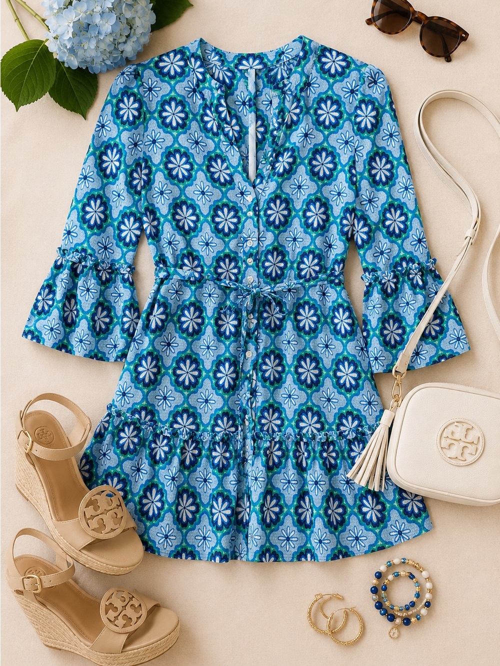 Draper James Blue Green Geometric Floral Tie Waist Mini Dress